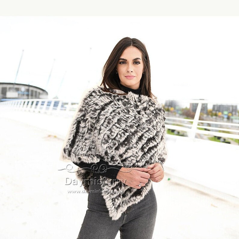 Knit Black Rabbit Fur Poncho Fur Cape Real Fur Poncho