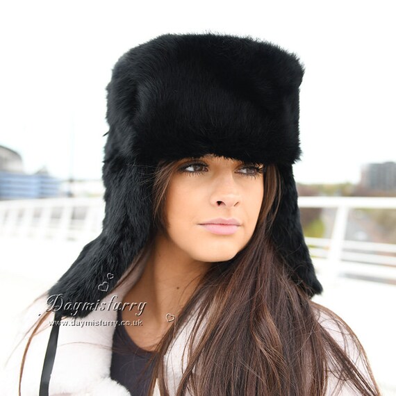 Black Rabbit Fur Russian Ushanka Hat - Etsy