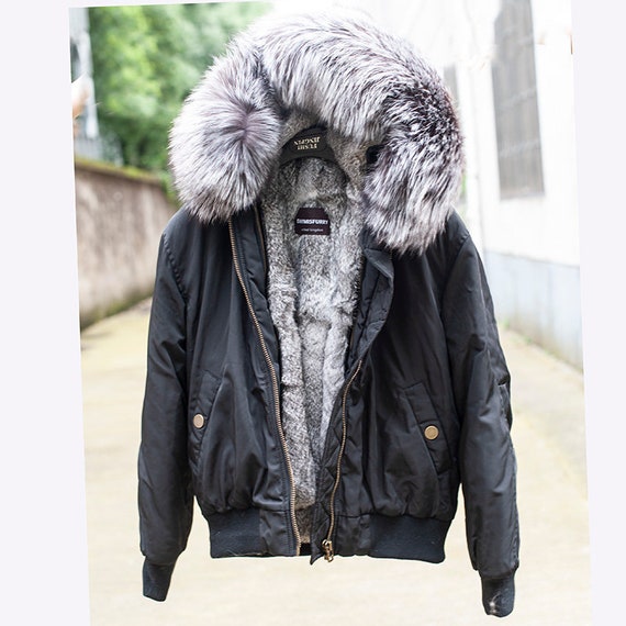 Fur Jacket - Rex Rabbit Fur with Fox Fur Collar - Grey