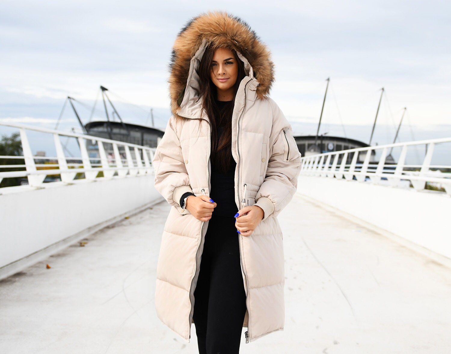 Beige Down Jacket With Raccoon Fur Trim 