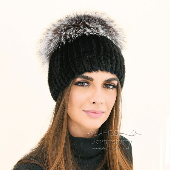 Winter Hat Knit Mink Fur Ha Hat With Silver Fox Fur Top
