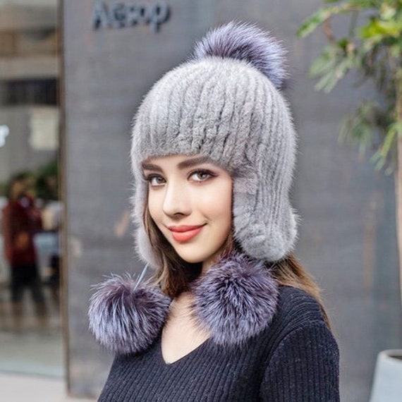 Knit Mink Fur Hat With Fox Fur Pompom 