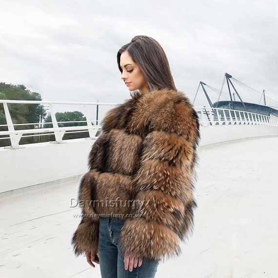 Raccoon Fur Bomber Jacket, Real Fur Coat, Winter Coat