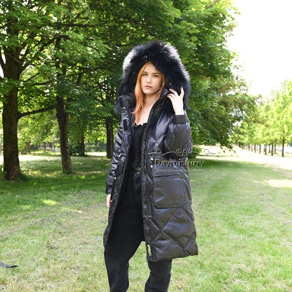 Black Down Jacket with Raccoon Fur Trim