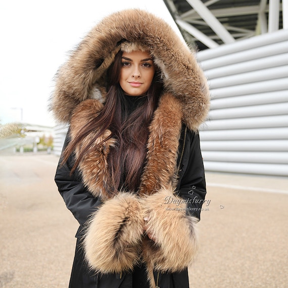 skinke Aubergine pedicab Rabbit Fur Lined Parka With Raccoon Fur Trim and Cuff - Etsy