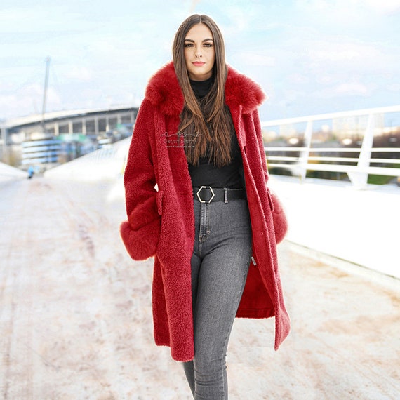 Fleece Wool Teddy Coat with Fox Fur Collar and Fur Cuff, Winter Coat