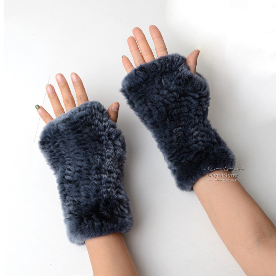 Knit Rex Rabbit Fur Fingerless Gloves Etsy