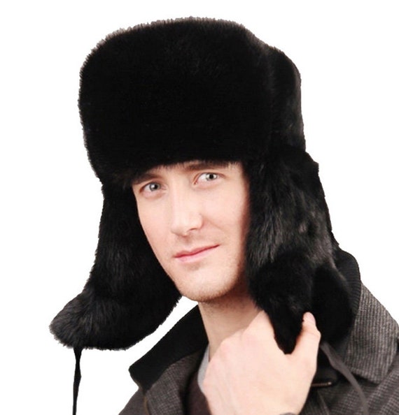 Black Rabbit Fur Russian Ushanka Hat 
