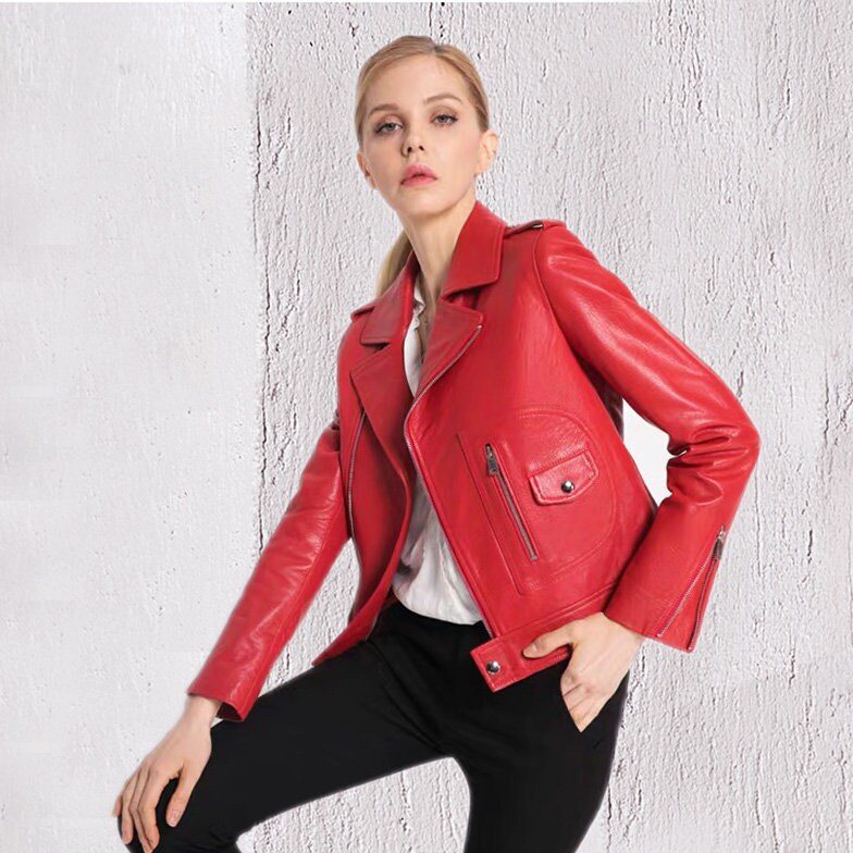 Image of Red Genuine Lambskin Leather Biker Jackets