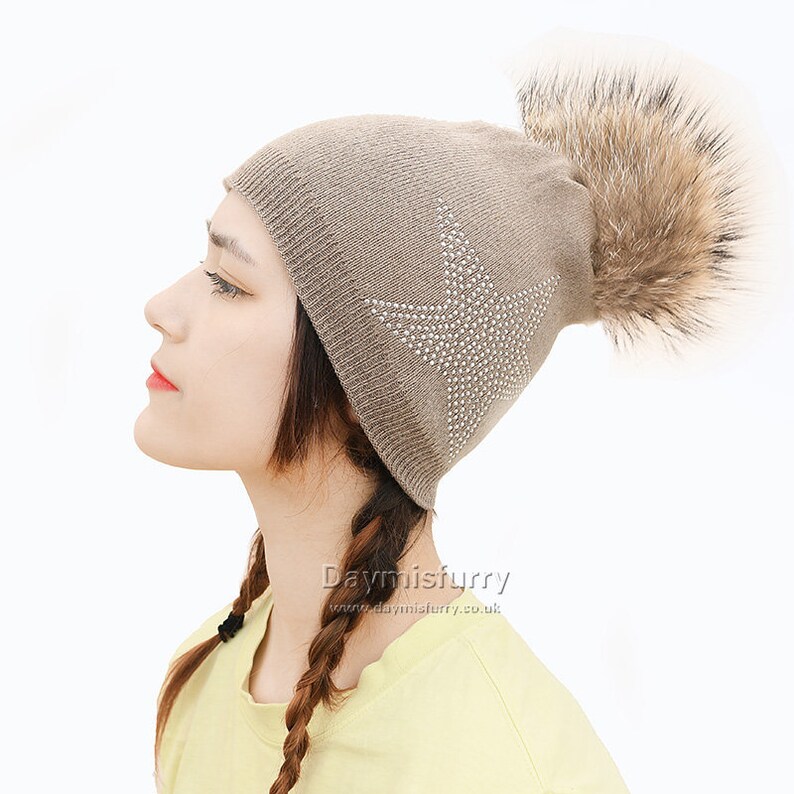 Cashmere Beanie Hat with Fur Pom Pom, Winter Hat