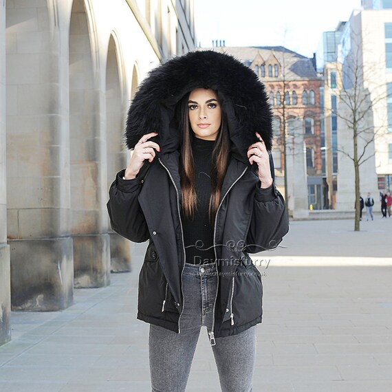 Black Down Jacket with Raccoon Fur Collar, Winter Coat