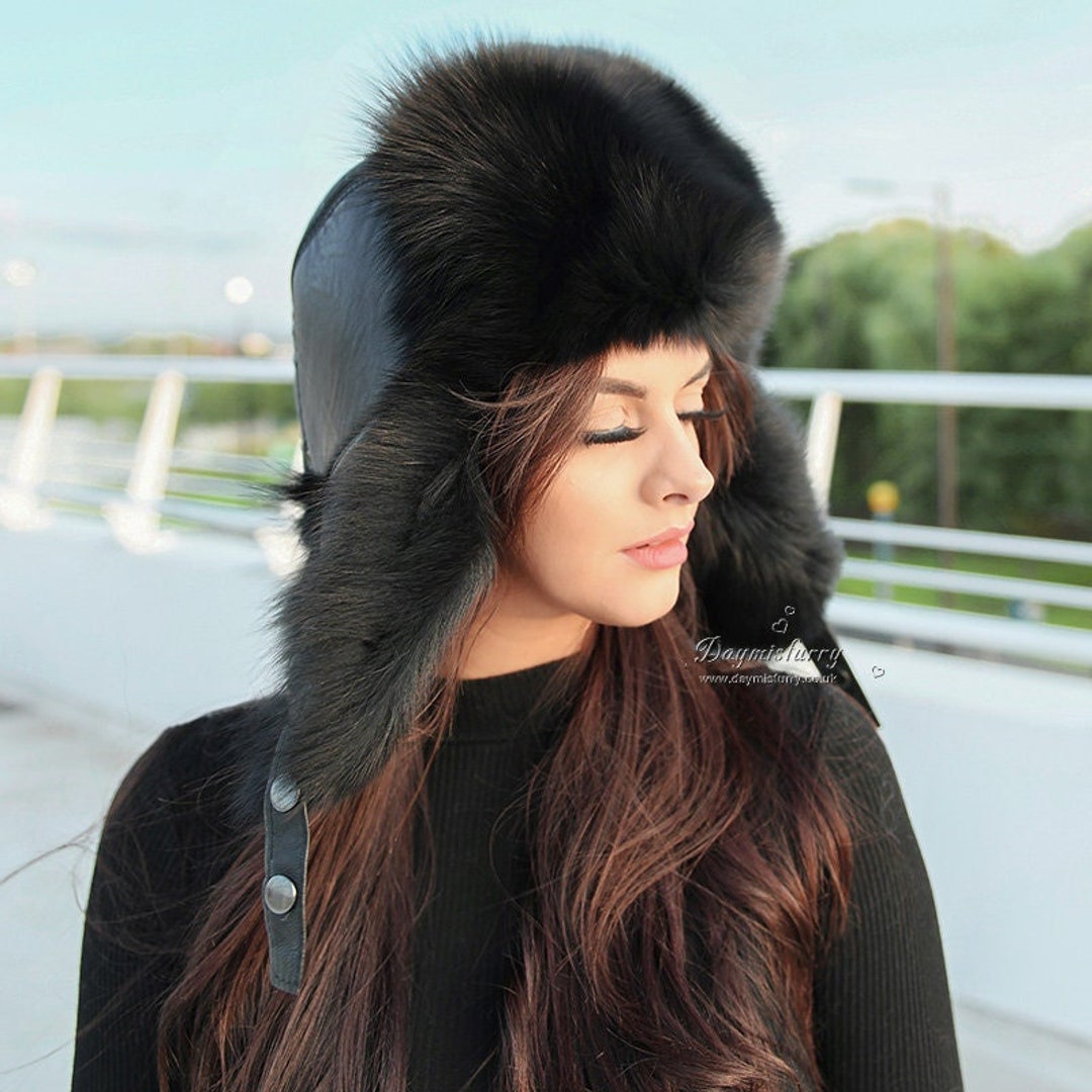 Black Fox Fur Trapper Hat 