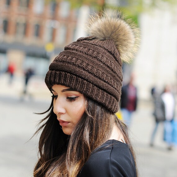 Knit Beanie Hat With Finn Raccoon Pom 