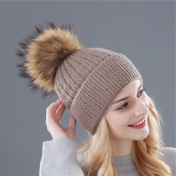 Wool Beanie Hat With Fur Pom Pom Winter 