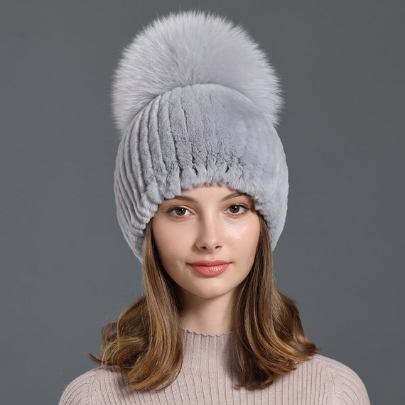 Rex Rabbit Fur Beanie Fox Fur Pom Pom 