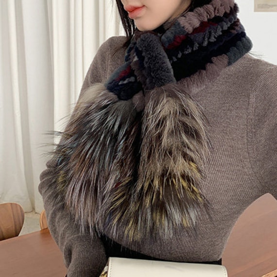 Knit Fox Fur & Rex Rabbit Fur Scarf Multi Colour 
