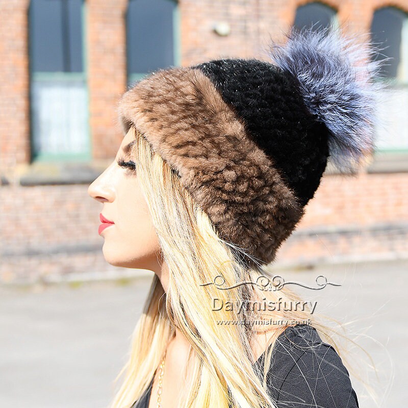 Knit Mink Fur Beanie Hat With Fox Fur 