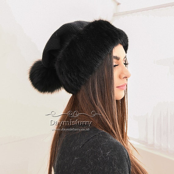 Wool Christmas Hat with Fox Fur Ball and Mink Fur Trim, Winter Hat
