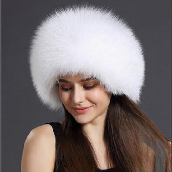 White Fox Fur Hat With Leather Top | Etsy UK