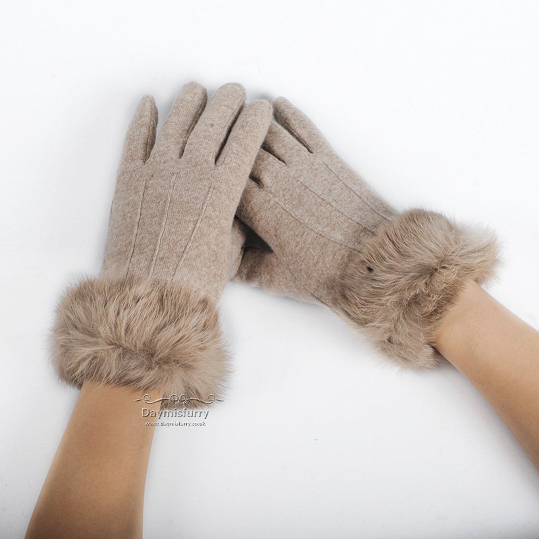 Knit Womens Wool Gloves With Rabbit Fur Trim in Khaki Etsy