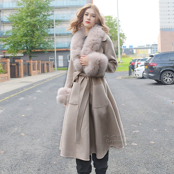 Cashmere Wool Coat With Fur Collar And Cuffs Cashmere Wool Coat With Fur Collar And, Wool Coat Fur Hood Cuffs