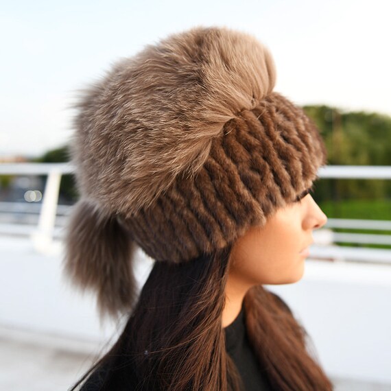 Chocolate Mink Fur Hat With Fox Fur Top 