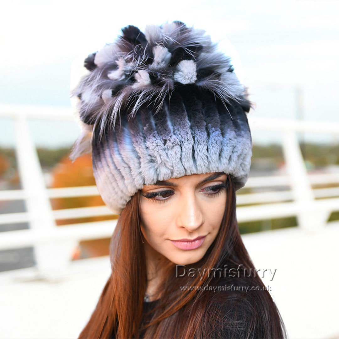 Rex Rabbit Fur Hat Beanie With Fur Pompom Real Fur Hat Etsy
