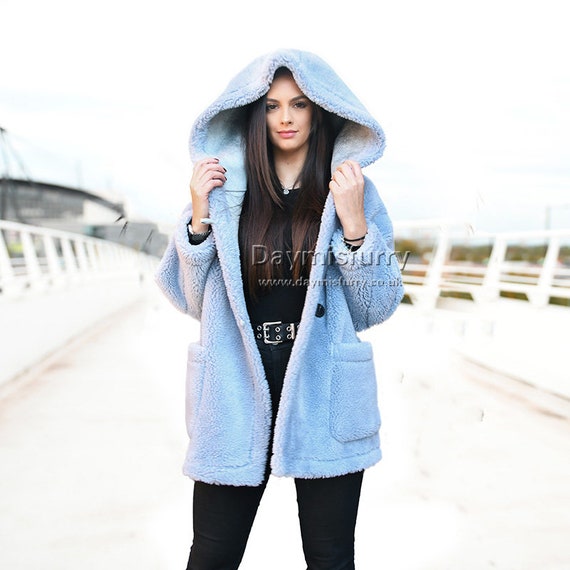 Sky Blue Teddy Bear Hoodie Winter Coat Winter Jacket Women - Israel