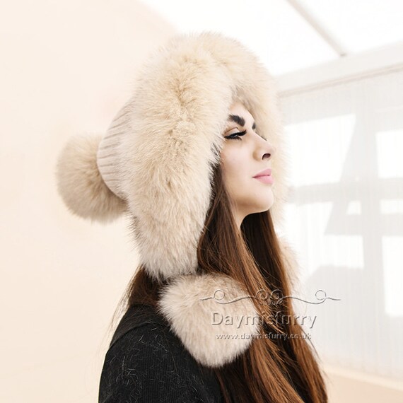 Cashmere Knit Hat With Fox Fur Ball and 