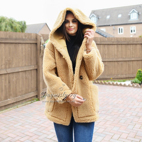 Women Fuzzy Jacket / Oversize Hooded Teddy Coat Wool Coat 