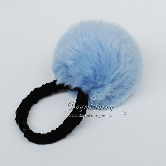 Rex Rabbit Fur Pom Pom Hair Scrunchie Real Fur HairBand Blue Rex Rabbit Fur Pom Pom Hair Scrunchie Real Fur HairBand Blue