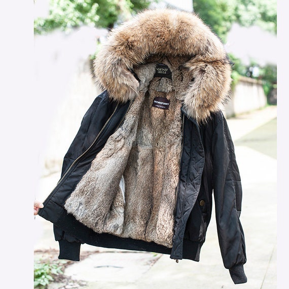 Rabbit Fur Lined Bomber Coat With Raccoon Fur Collar, Winter Coat