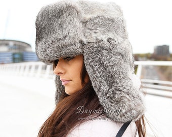 Grey Rabbit Fur Russian Ushanka Hat - Etsy
