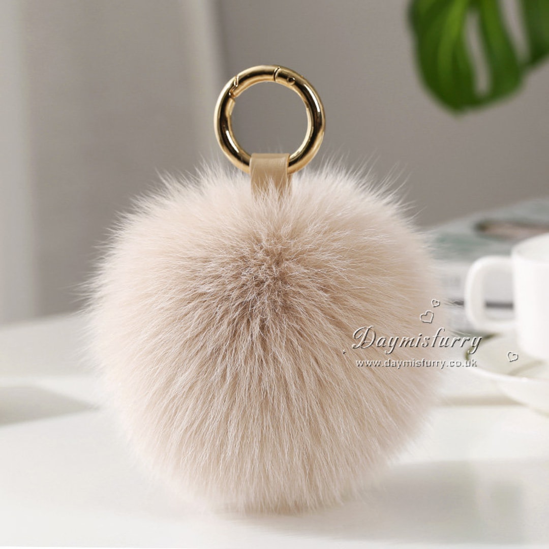 Fox Fur Pom Pom Bag Charm Fur Ball Keyring Beige Etsy UK