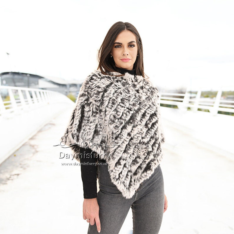 Knit Black Rabbit Fur Poncho Fur Cape Real Fur Poncho