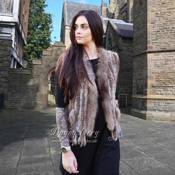 Knit Rabbit Fur Vest with Finn Raccoon Fur Trim