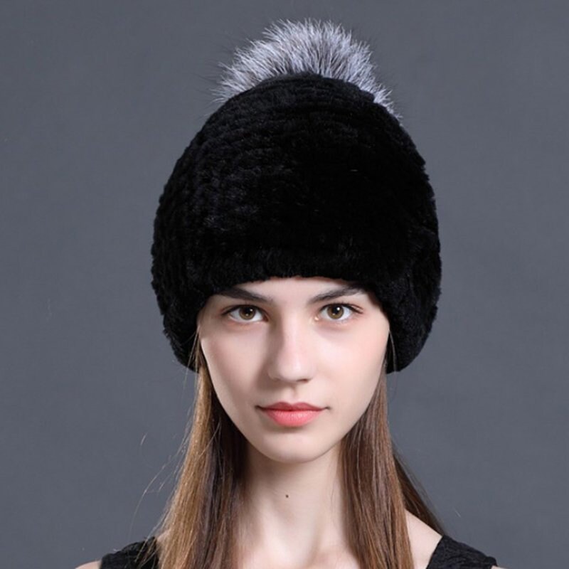 Knit Rex Rabbit Fur Beanie Hat With 