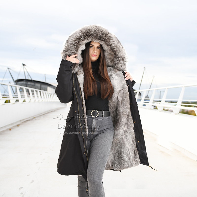 Grey Snowtop Rex Rabbit Poncho Jacket with Silver Fox Hood and Cuff Trim