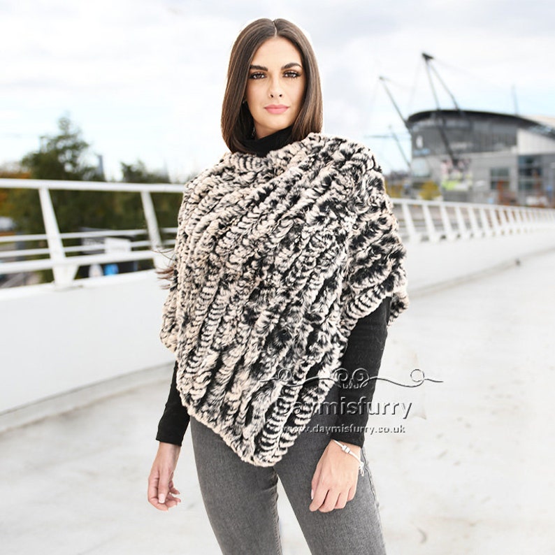 Knit Black Rabbit Fur Poncho Fur Cape Real Fur Poncho