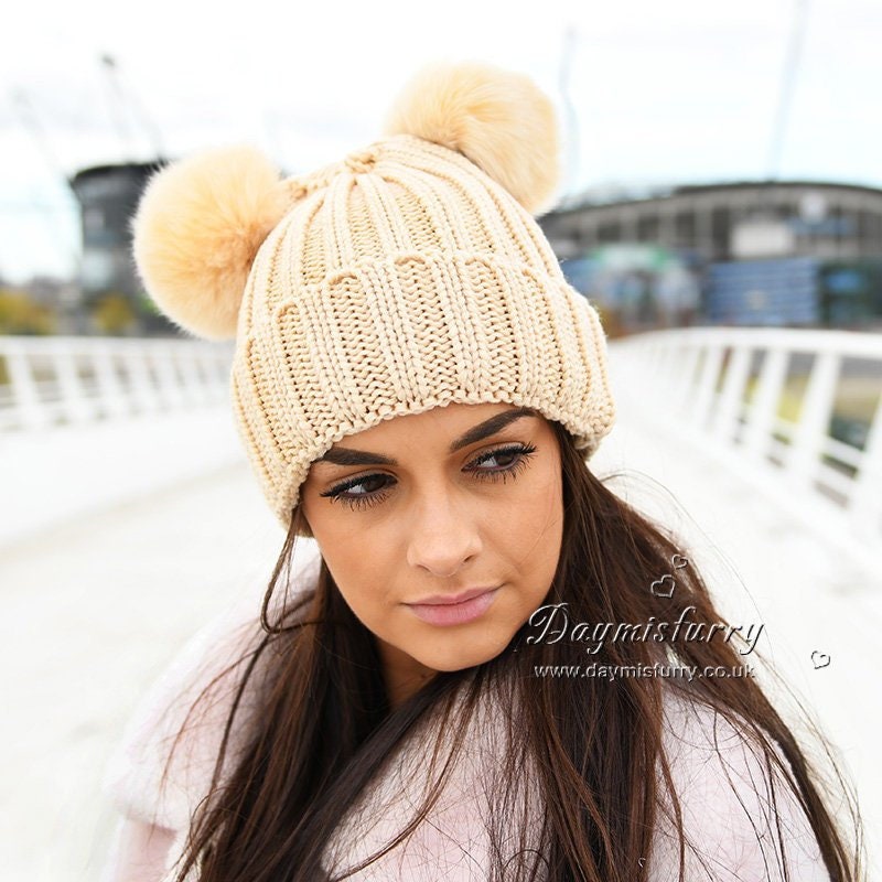 Beige Double Fox Fur Pom Pom Hat - Etsy 