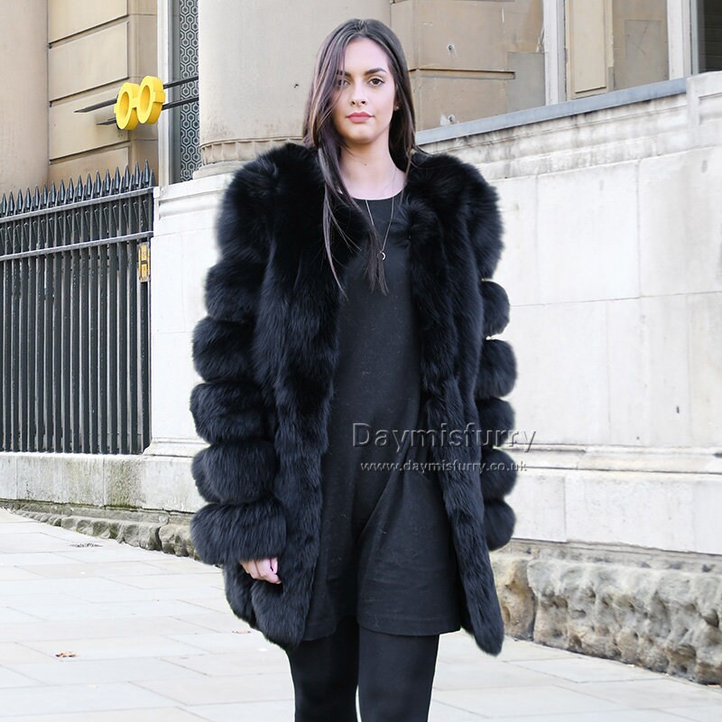 Luxury Vertical Stripes Fox Fur Coat in Black - Etsy UK