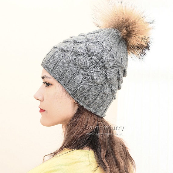 Wool Beanie Hat With Fur Pom Pom Winter 
