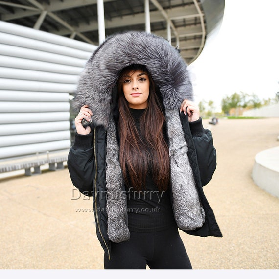 Fur Jacket - Rex Rabbit Fur with Fox Fur Collar - Grey