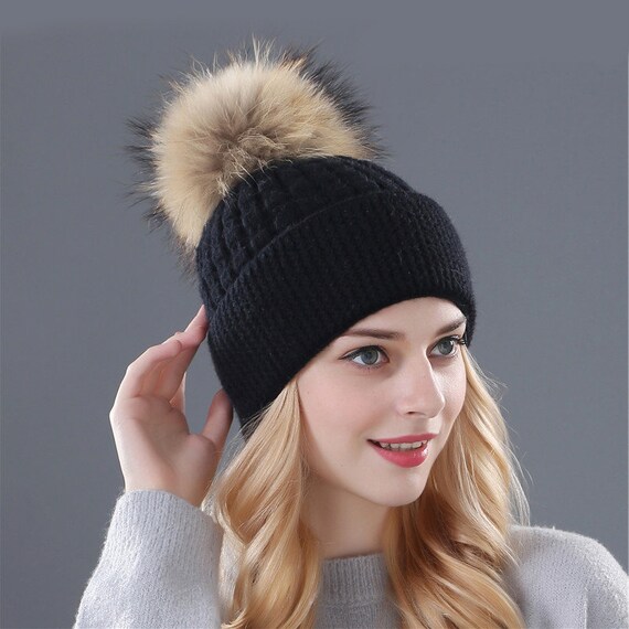 Wool Beanie Hat With Fur Pom Pom Winter 