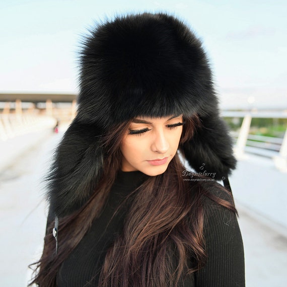 Black Fox Fur Trapper Hat