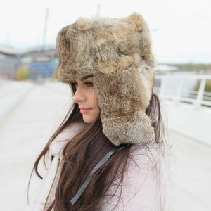 Brown Rabbit Fur Russian Ushanka Hat - Etsy UK