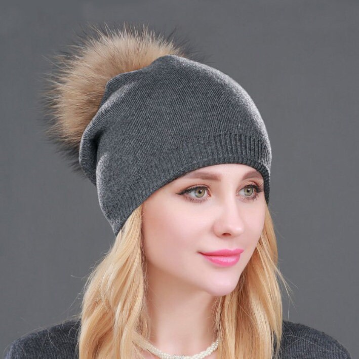 Woolen Beanie Hat With Raccoon Pom Pom 