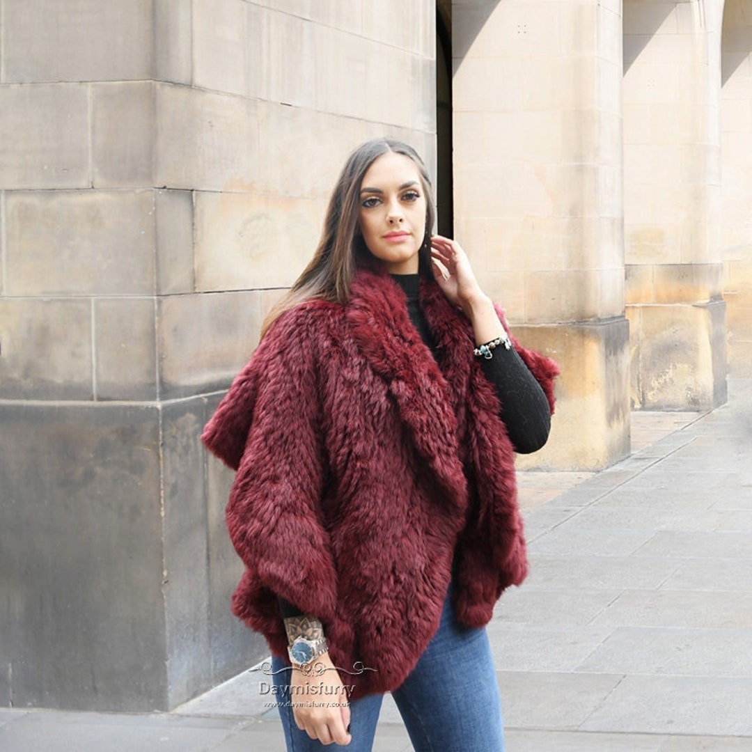 Knit Rabbit Fur Shawl With Ruffled Edge-red Wine - Etsy UK