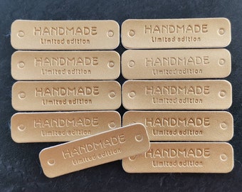 10x Etiketten Aufnäher "Hand Made limited edition" aus Kunstleder gold 55x15mm