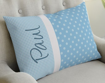 Namenskissen - Kissen mit Name - Kuschelkissen Punkte Dots hellblau - Geschenk Geburt Taufe Junge personalisiert